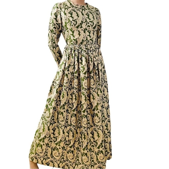 Vintage Dress Formal A-line Long Sleeve Floral Green Modest Glam Size Small - Picture 9 of 9